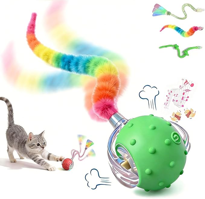 Interactive Cat Toys for Indoor Cats with 3 Interchangeable Tails - Automatic Moving & Chirping Ball, Self Play Toy for Playful Kittens & Bored Cats Home Alone (Green)
