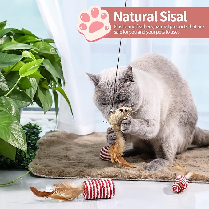 NVTED Cat Feather Toy Set - Playing Wand and Pet Activity Nip Toys Collection in Gift Box, Set of 7