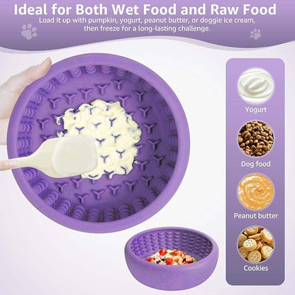 Dog Lick Bowl, ZOURYNUA Non-Slip Slow Feeder Dog Bowls, Enrichment Licking Mat for Distraction, Anxiety Relief Treat Dispenser Freezer, BPA Free Silicone & Dishwasher Safe (Purple, Large)