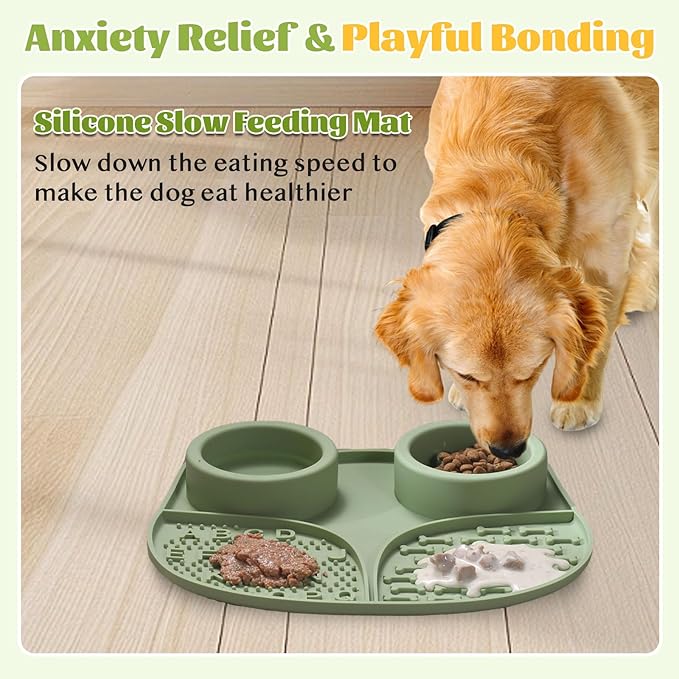 Silicone Slow Feeder Dog Bowls & Cat Bowls, 2 Cups Small Pet Food Bowl with Non-Slip Suction Base, Food-Grade Safe Puzzle Feeder for Small & Medium Dogs & Indoor Cats (Bowl & Lick Mat (Green))
