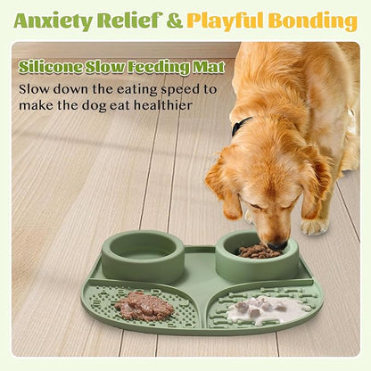 Silicone Slow Feeder Dog Bowls & Cat Bowls, 2 Cups Small Pet Food Bowl with Non-Slip Suction Base, Food-Grade Safe Puzzle Feeder for Small & Medium Dogs & Indoor Cats (Bowl & Lick Mat (Green))