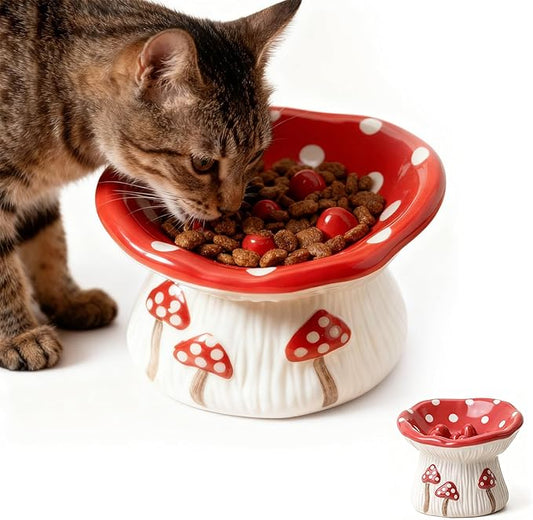 Cat Slow Feeder Bowl, Ceramic Slow Feeder Cat Bowls, Cute Mushroom Elevated Cats Bowl, Anti-Fatigue & Anti-Vomiting