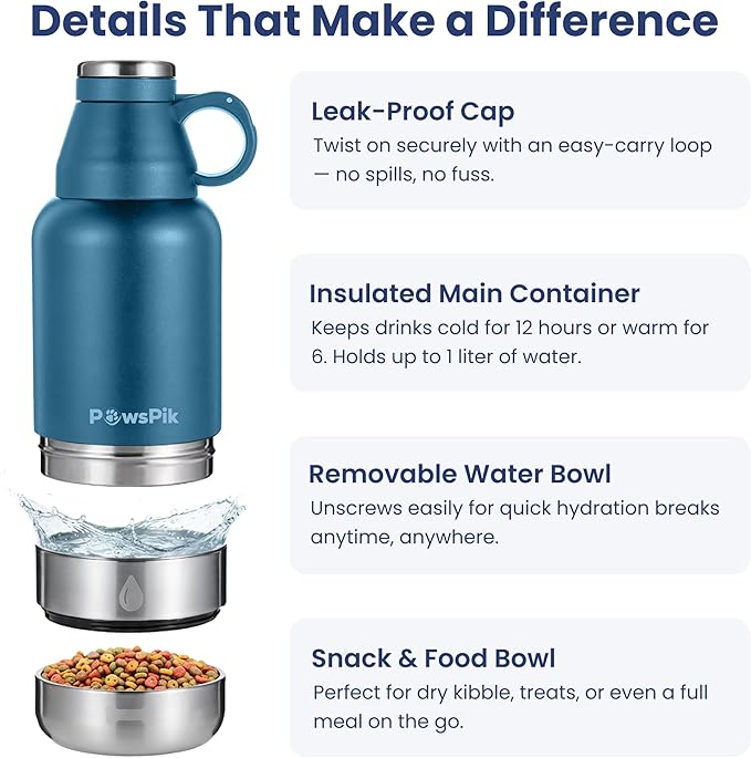 PawsPik 32oz 3-in-1 Travel Dog Water Bottle & Bowl Set – Stainless Steel Vacuum-Insulated Bottle with Detachable Food & Water Bowls, Leak-Proof, Keeps Water Cold 12hrs/Hot 6hrs (Midnight Summit Blue)