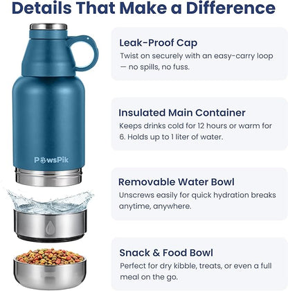 PawsPik 32oz 3-in-1 Travel Dog Water Bottle & Bowl Set – Stainless Steel Vacuum-Insulated Bottle with Detachable Food & Water Bowls, Leak-Proof, Keeps Water Cold 12hrs/Hot 6hrs (Midnight Summit Blue)