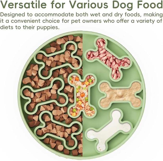 Silicone Slow Feeder Dog Bowl – Green Bone Pattern | Food-Grade Non-Slip Dog Dish for Anti-Bloat, Fast Eating Prevention, 7.5” x 1.5”, Dishwasher Safe