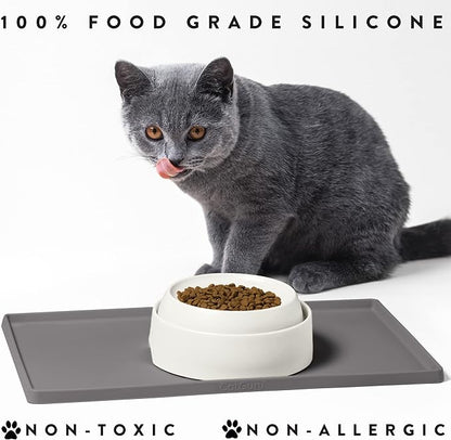 CatGuru Cat Food Mat, Small & Large Feeding Mats, 100% Waterproof Silicone Pet Placemat, Non-Slip Cat Food and Water Bowl or Water Fountain (Large, Carbon)