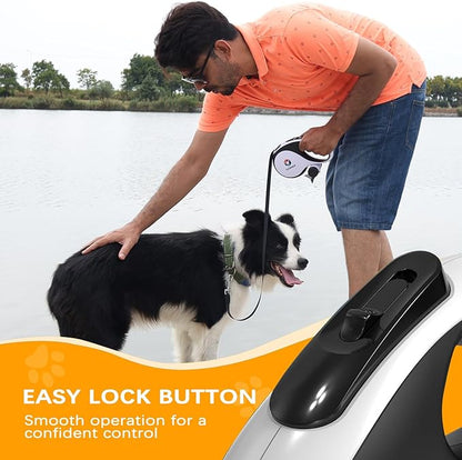 ILOMAX 360° Tangle-Free Retractable Dog Leash Built-in Waste Bag Dispenser Under Handle 2 Rolls Poop Bags Included Heavy Duty Tape Leash for Dogs up to 30kg Carry Pouch Included.16ft (White, L)