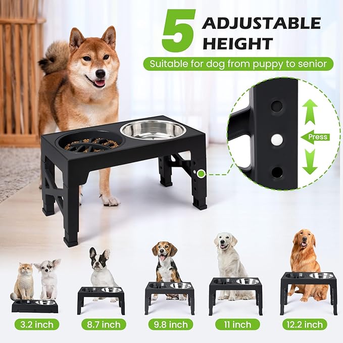Heeyoo Elevated Dog Bowls - 5 Adjustable Heights Stand, 2 Stainless Steel Bowls & 1 Slow Feeder, 3.2" to 12.2" for Small to Large Dogs