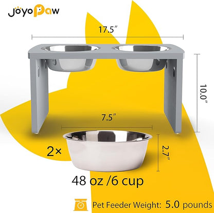 Elevated Dog Bowls, Bamboo Raised Dog Bowl for Large Dogs & Medium Dogs, with 2 Stainless Steel Bowls (10'' Tall–48 oz Bowl, Grey)