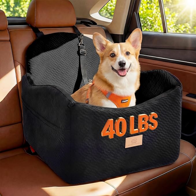 Dog Car Seat for Medium/Small Dogs, Dog Booster Car Seat, Pet Booster Seats Up to 40lbs with Waterproof Layer, 3 Storage Pockets and Safety Belt (Black)