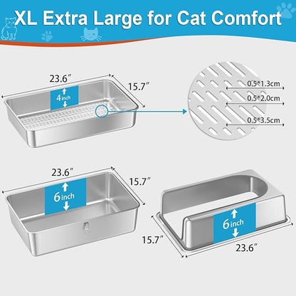 All Stainless Steel Sifting Litter Box with Lid,XL Extra Large Metal Sifting Cat Litter Box for Pine Pellets,High Sides Sifter Litter Pan System for Big Cats,Odor Control,Sifting Box Liners and Scoop