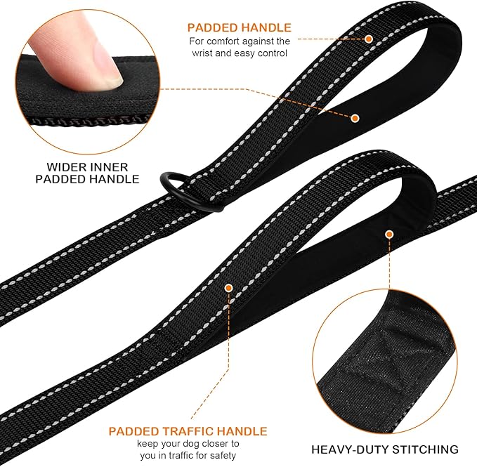 Joytale Dog Leash Heavy Duty for Large Dogs that Pull, Double Handle for Traffic Control, Double-Sided Reflective Leashes for Large Medium Dogs Night Safety, 4FT, Black