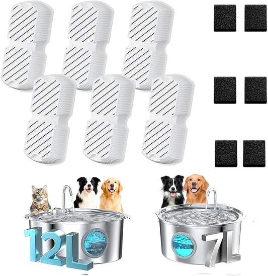 Pet Fountain Filter Replacement: 12 Dog Water Fountain Filters - 3 Months Set of Replacement Filter for GROOKPET Dog Water Fountains for Large Dogs - Contains 6 Filters + 6 Sponges