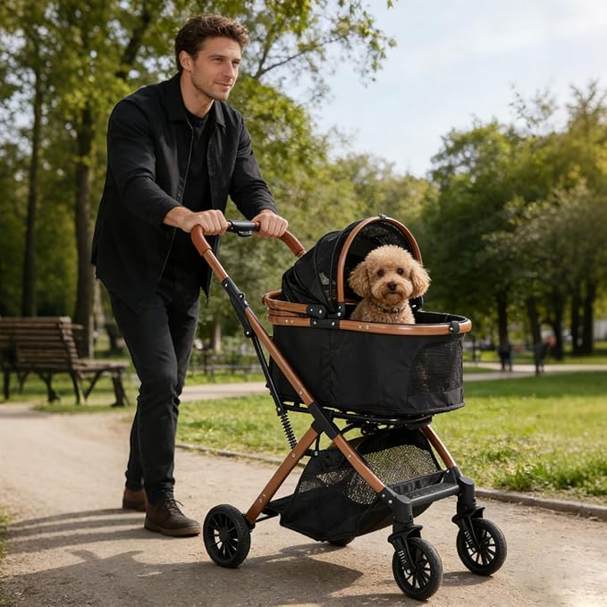 Lightweight Small Pet Stroller for Dogs & Cats, 33 Lbs Capacity Aluminum Alloy Puppy Stroller with Detachable Storage Basket