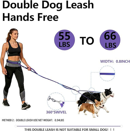 Roses&Poetry Hands Free Double Dog Leash for Two Dogs, 9-11ft Adjustable Bungee Walking Waist Lead, Dual Dog Leash with Tangle-Free Swivel for Medium Large Dogs Heavy Duty Running(Violet)