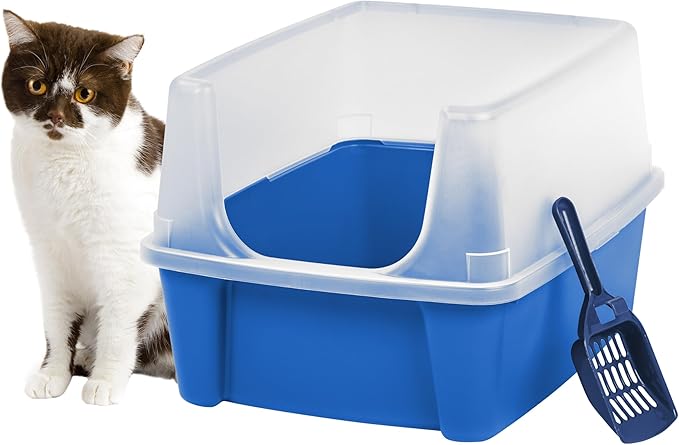IRIS USA Large Open Top Cat Litter Box with High Sided Walls Tall Scatter Shield Scoop Included Easy Clean Plastic Pan Stain Resistant for Big Cats Kittens Indoor Multi-Cat Households