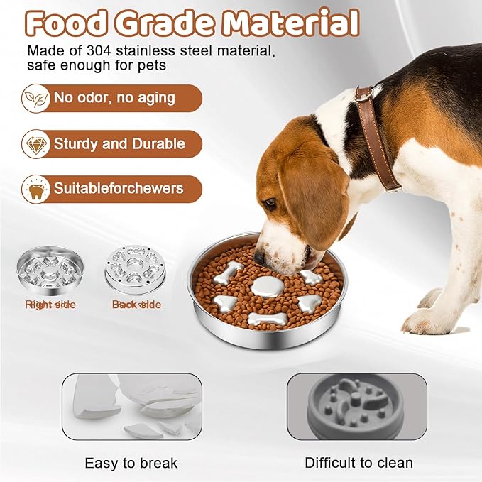 Slow Feeder Dog Bowl Stainless Steel, 2 Cups Metal Dogs Food Water Bowls with Non-Slip Pad, Stop Pet Dog Puppy Puzzle Feeder for Small & Medium Dogs to Slow Down Eating (A)