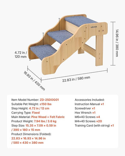 VEVOR Wood Pet Stairs, 3-Step Dog Stairs for High Beds, Sofa & Cars, 150lbs Load Capacity, Non-Slip Surface, Stable Cat & Dog Step Ladder for Small Medium Large Older Pet Puppy Essentials