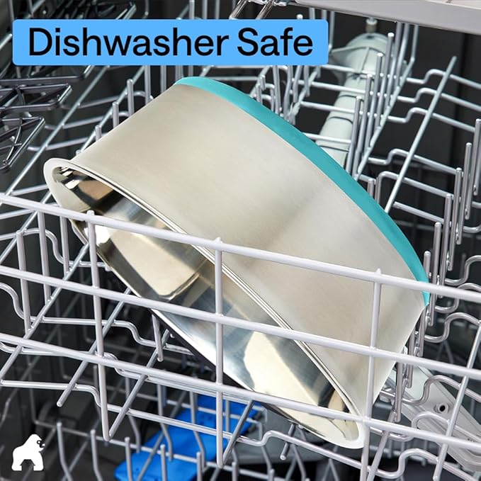GORILLA GRIP Dog Bowls, Food Grade 304 Stainless Steel Holds 2 Cups Each (16 fl oz) Food and Water Bowl for Feeding Dogs and Cats Dishwasher Safe Rust Resistant BPA Free Rubber Base Set of 2 Turquoise