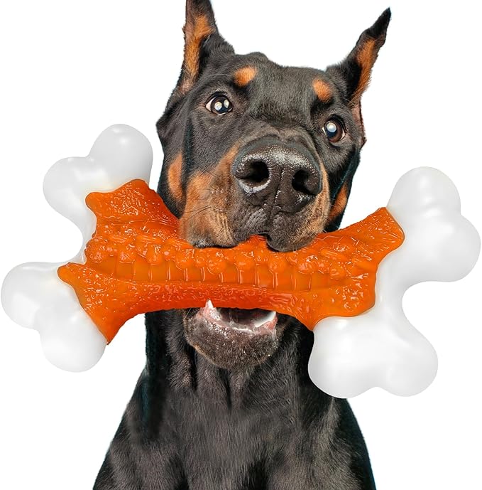 Dog Toys for Aggressive Chewers, Indestructible 8" Tough Nylon Bone, Teething & Boredom Relief Chew for Large Dogs, Peanut Butter Flavor, Easter Basket Stuffers for Dogs 20-80 lbs