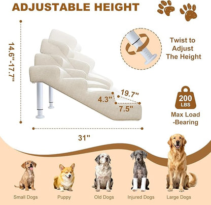 Adjustable Dog Stairs & Ramp for Cats and Dogs, 4-Step Pet Stairs for High Beds and Couch, 14.5"–17.7" Height, Linen Faux Leather, Waterproof, Scratch-Resistant, Non-Slip Indoor Pet Ramp