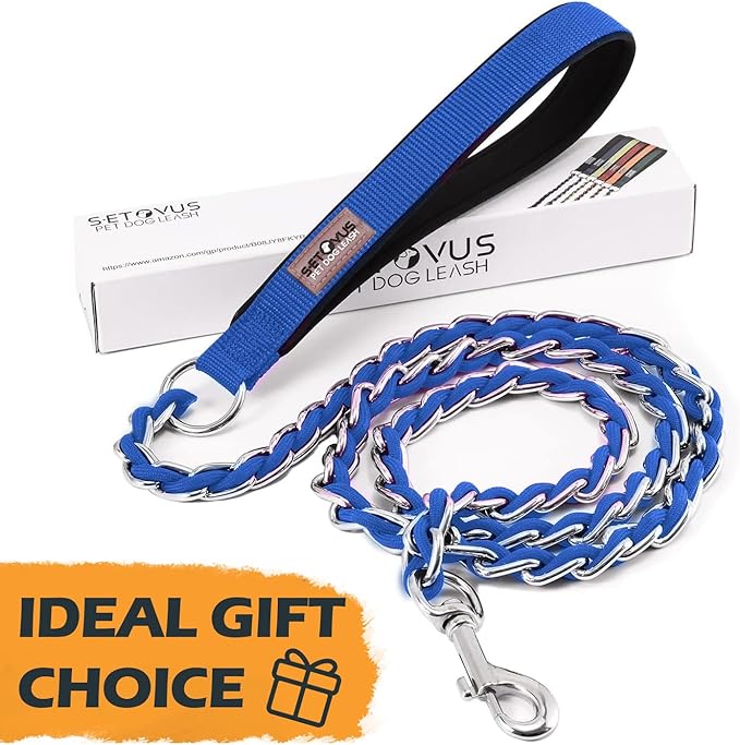 Chain Dog Leash Chew Proof Metal Leash for Medium Large Dogs, Chain Link Dog Anti Chew 5.2FT / 4FT Strong Anti Bite Comfortable Soft Padded Handle (Blue, 5FT(30-80lb)