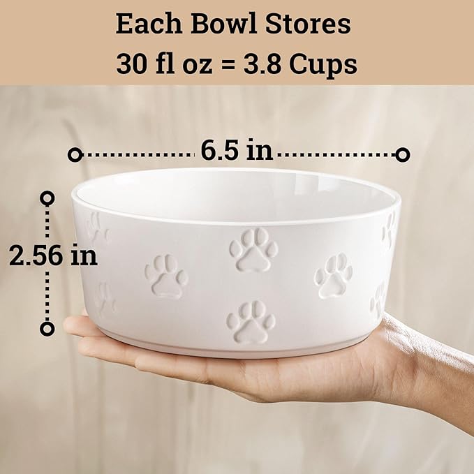 Ceramic Dog Bowl Set of 2 with Anti-Skid Base - 6.5" Wide x 2.5" Tall Ceramic Dog Bowls Medium Sized Dogs - 3.8 Cup Capacity Food and Water Bowls for Dogs - Rubber Bottom Pet Bowl Set of 2 Medium Size