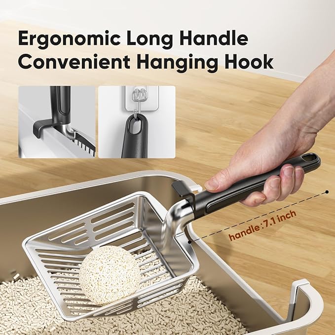 Metal Cat Litter Scoop, Large Cat Scooper with Deep Shovel & Dual Sifting Holes for Fast & Precise Sifting, Space Aluminum Kitty Litter Scooper with Long Handle & Easy-to-Hang Hook - Black