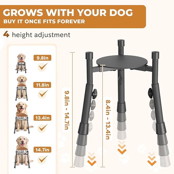 Extra-Stable Elevated Dog Bowl Stand for Large Medium Breeds, Adjustable Size 4 Heights Width 6-10in, Anti-Tip Metal Raised Food Feeder Water Dish Holder, Non-Slip Tall Single Lifted Riser