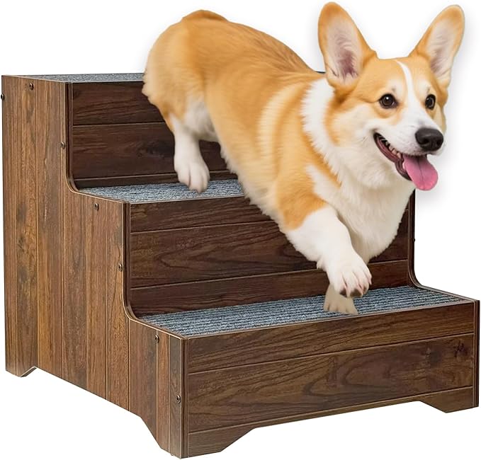 Furniture Style Dog Stairs, Wooden Pet Steps for Small Medium Dogs Cats, 3-Step Tall Solid Dog Ladders for High Bed, Couch, Sofa – Ideal for Elderly, Injured, Recovering or Short-Legged Pets