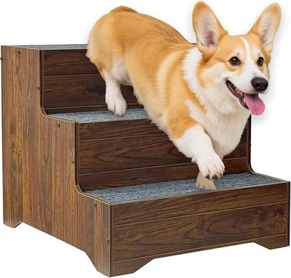 Furniture Style Dog Stairs, Wooden Pet Steps for Small Medium Dogs Cats, 3-Step Tall Solid Dog Ladders for High Bed, Couch, Sofa – Ideal for Elderly, Injured, Recovering or Short-Legged Pets