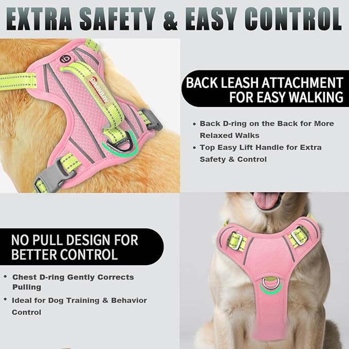 BARKBAY No Pull Dog Harness Large Reflective Dog Harness with Front Clip and Easy Control Handle for Walking Training Running with ID tag Pocket(Baby Pink & Sunlight,XL)