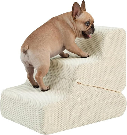 Dog Ramp for Bed, 16.5" H Dog Stairs for High Bed, 2 in 1 Pet Steps for Small Dogs, 3-Step Foldable Transformable Large Cats Ramp to Get on Couch, Non-Slip Balanced, Beige