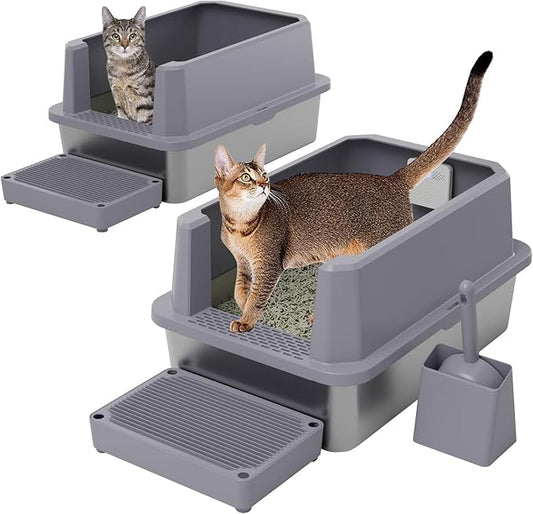 RIZZARI Stainless Steel Litter Box for Cats: Gray Leakproof Open Top Tray - Teflon Non-Stick Coating - Large Size Odor Control for Cats Under 20 lbs - with Deodorizer - 2 Pack