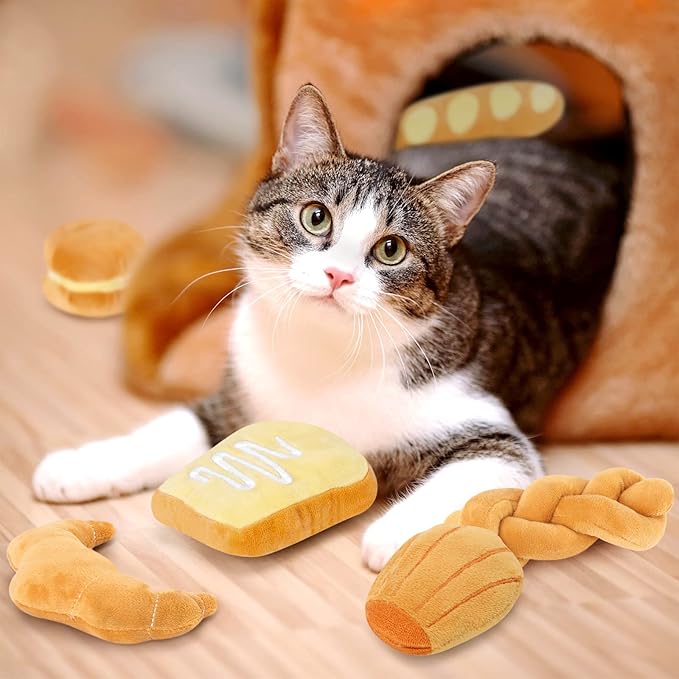 Distaratie Cat Toys 6 Pack Bread Catnip Toys Soft and Durable Chew Bite Resistant Toys for Teeth Cleaning Boredom Relief Interactive Soft Chew Kicker Cat Toys for Indoor Cats