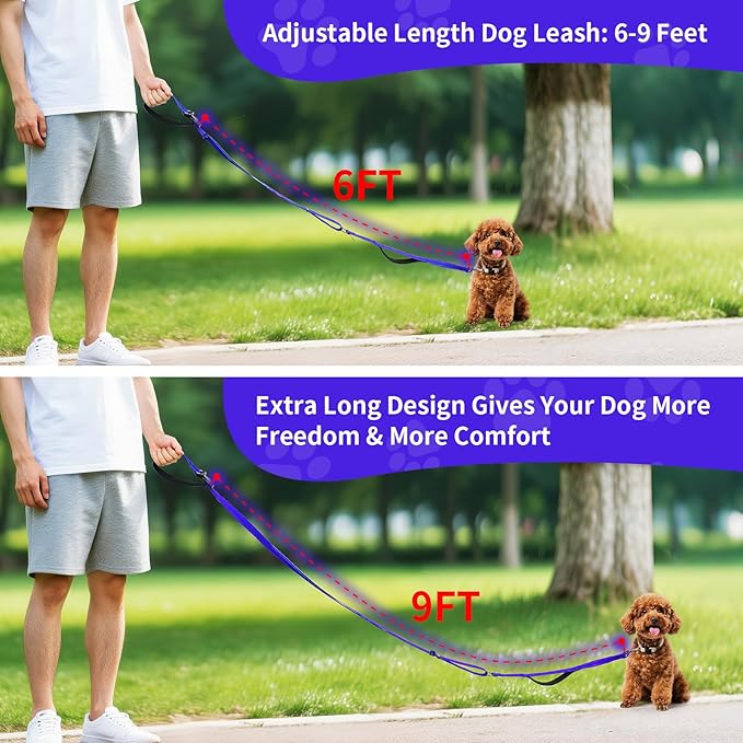 Kazazoo Hands-Free Dog Leash with Adjustable Length 6-9FT + Dual Padded Handles Reflective Safety for Walking, Jogging & Training | Suitable for Medium to Large Dogs & Puppies Blue-L