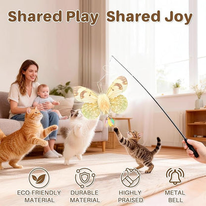 Walfront Interactive Cat Toy, Butterfly Teaser Wand, Retractable 3-Section Wand with 3 Replacement Butterfly Attachments, Indoor Play for Kittens & Adult Cats, Keeps Cats Active & Happy