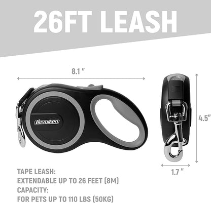 26 FT Retractable Dog Leash with No Tangle, Heavy Duty Great Leash for Dog up to 110lbs, One-Handed Brake, with Non-Slip Handle, Strong Nylon Tape for Small, Medium and Large Dogs
