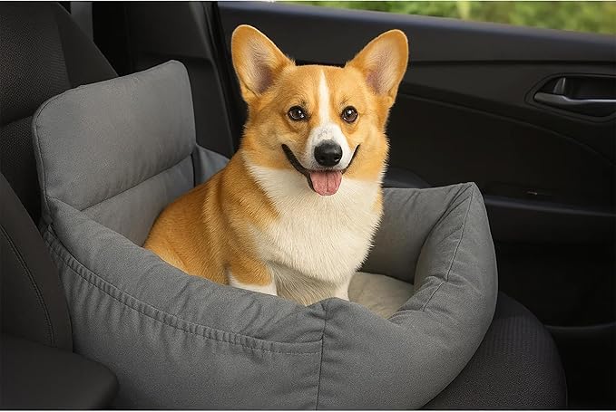 Dog Car Seat for Small Dogs, Pet Booster Seat with Clip-On Safety Leash and Storage Pockets, Washable Travel Dog Car Bed for Puppy (Gray Green)