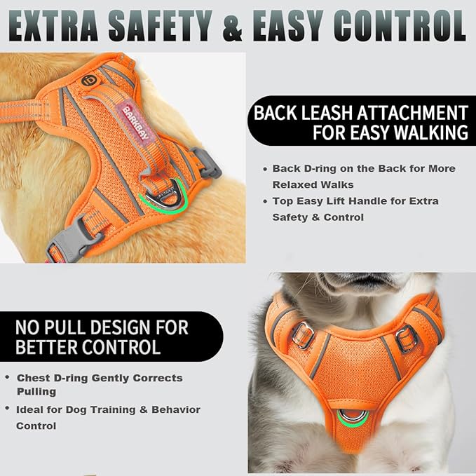BARKBAY No Pull Dog Harness Large Reflective Dog Harness with Front Clip and Easy Control Handle for Walking Training Running with ID tag Pocket(Orange,S)
