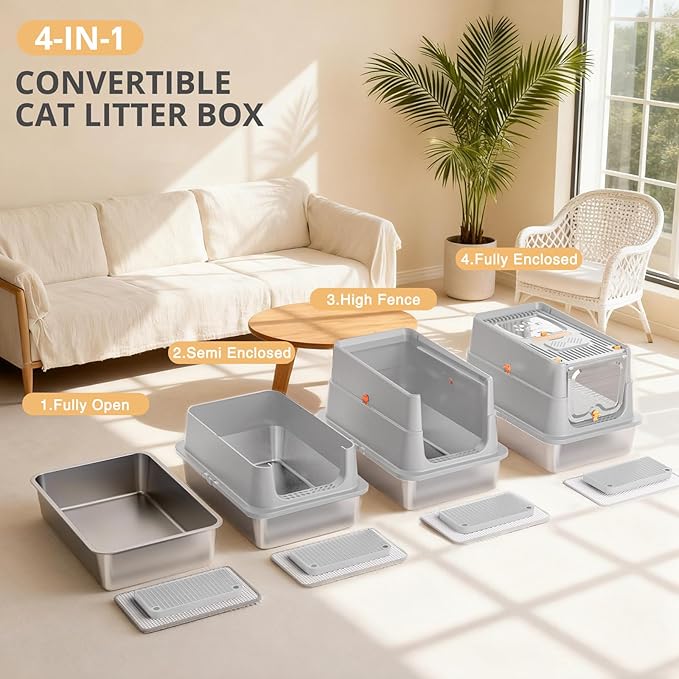 Stainless Steel Cat Litter Box, XL Enclosed Cat Litter Box with Lid, Easy to Clean High-Sided Metal Kitty with Top Entry, Scoop, Mat, Brush & Foot Pedal-Light Gray