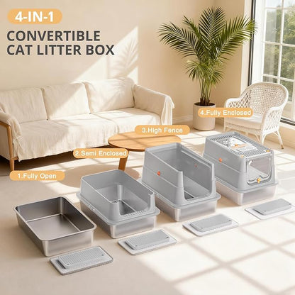 Stainless Steel Cat Litter Box, XL Enclosed Cat Litter Box with Lid, Easy to Clean High-Sided Metal Kitty with Top Entry, Scoop, Mat, Brush & Foot Pedal-Light Gray