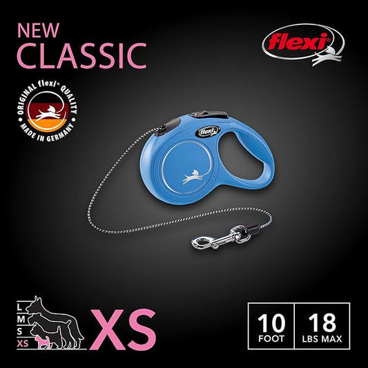 FLEXI® Classic XS Cord Retractable Dog Leash (Blue)-10 ft for Extra Small, Tiny Dogs up to 18 lbs| Ultra Compact Pocket-Size, 3-Finger Grip, German Quality| Tangle-Free, One-Hand Brake, Pause & Lock
