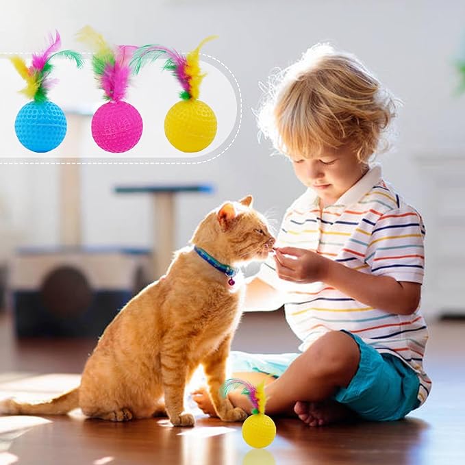 IDOMIK 15 Pack Cat Toys: Colorful Golf Sponge Balls, Feather and Pom Pom Interactive Kitten Balls for Exercise, Bright Colored Chase Pounce Toys, Safe Non-Toxic Entertainment