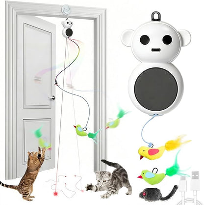 Interactive Cat Toys for Indoor Cats - 2 in 1 Automatic Laser Pointer Cat Toy with Flying Bird，Smart Moving Wand Toy with 2 Modes, Doorway Hanging Toys Safe for Bored Kitten & Adult Cats