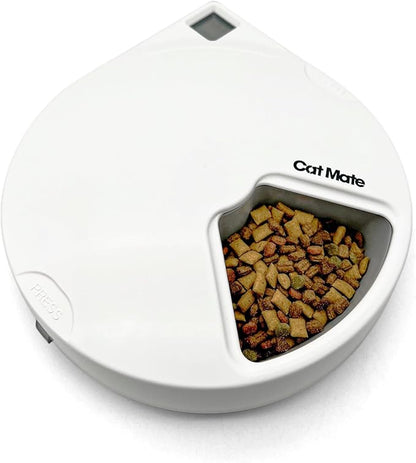 Cat Mate C500 Automatic 5 Bowl Digital Timer-Controlled Pet Feeder - for Cats and Small Dogs, Wet or Dry Food, Includes Twin Ice Packs, 5 Meals Up to 0.73 lb Each, White