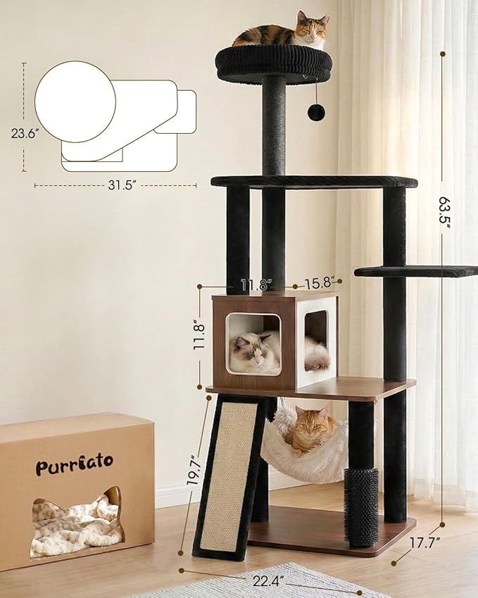 61" Modern Cat Tree Tower for Indoor Cats, Luxury Climbing Tower with Plush Lounge, Kitty Condos, Hammock & Scratching Posts, Classic cat Furniture (Walnut)