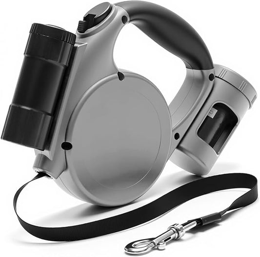 Retractable Dog Leash for Medium & Small Dogs - 16.4 Ft Pet Leash with Detachable LED Flashlight, Poop Bag Dispenser, Ergonomic Handle(Gray)