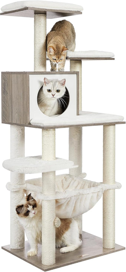 Feandrea Cat Tree, 56.3-Inch Modern Cat Tower, Multi-Level Plush Condo with Scratching Posts, Hammock, Washable Cushion, Heather Greige UPCT164G01