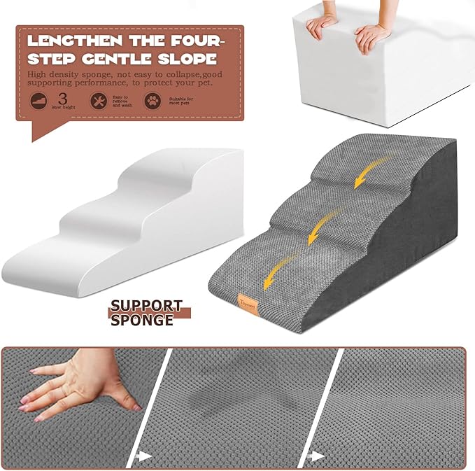 Topmart High Density Extended Foam Dog Ramp&Steps 3 Tiers,15.7" High,Non-Slip Dog Stairs with Removable Cover,Soft Foam Pet Ladder,Best for Injured,Older Cats,Pets with Joint Pain